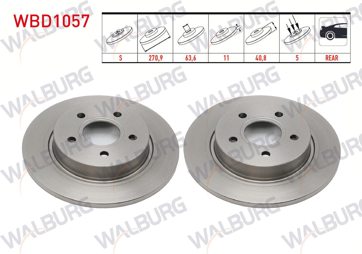 WALBURG WBD1057 Brake Disc Rear Straight 5 Bjn 270,9X11x63,6X40,8 Ford Focus III 1.6 TDCi 2011-2015 / Focus III 1.6i 2011-2015 / Focus III 1.0 Gtdı 2011-2015 / Focus III 1.6 TI-Vct 2011-2015 | 2