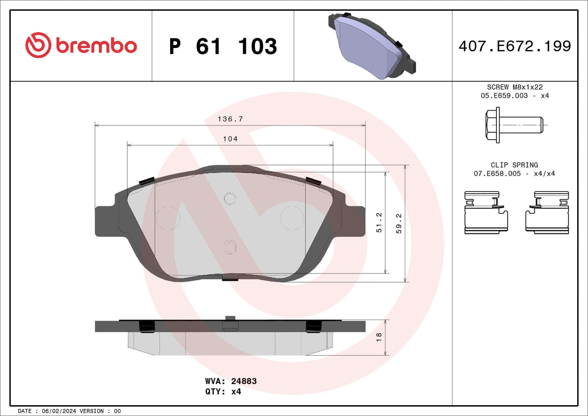 Brembo P61103 Brake Pad Front (Opel F 19-Peugeot 2008 1.2 Thp / 1.4 HDi / 1.5 BlueHDi / 1.6 BlueHDi 2019 / — Brake Pads