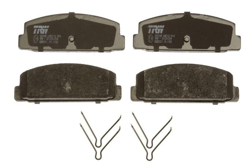 trw brake pad set rear compatible with mazda, trw gdb3311 brake pads close up, brake pad dimensions for mazda vehicles TRW GDB3311 Brake Pad Set - Rear for Mazda 323, Protege, and 626 | Premium Quality TRW Brake Pad Set Rear - Compatible with Mazda Vehicles trw-gdb3311, brake-pads, mazda-brake-pads, auto-parts, replacement-brake-pads, car-owners, car-enthusiasts, mechanic-tools, ai-generated, brake-accessories