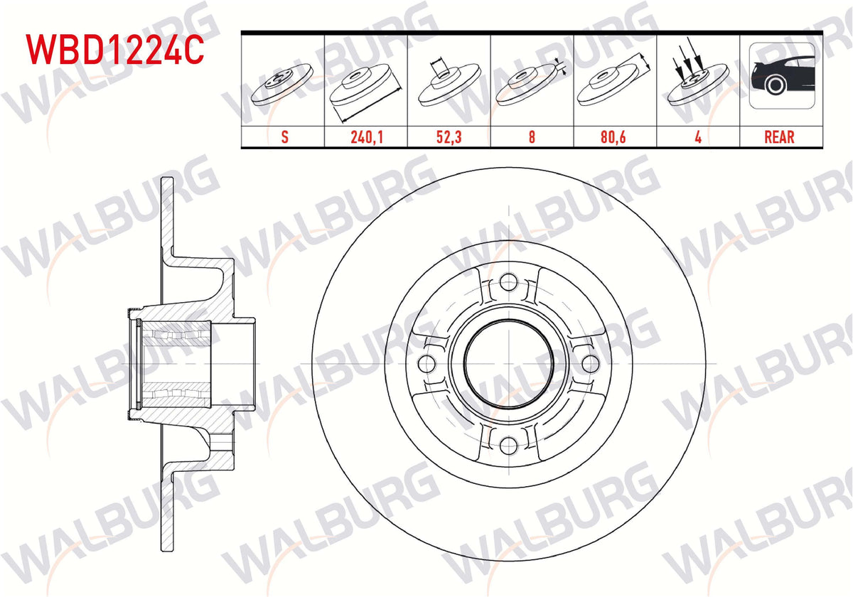 WALBURG WBD1224 Brake Disc Rear Straight 4 Bjn 240X8x54,92X80,7 Megane II 1.5 dCi-1.4i 16V-1.9 dCi Wheel Hub with Bearing Magnetic ABS Okuyuculu 2002-2008 / Clio III 1.5 dCi-1.4i 2005-2012 / Modus 1.4i 1