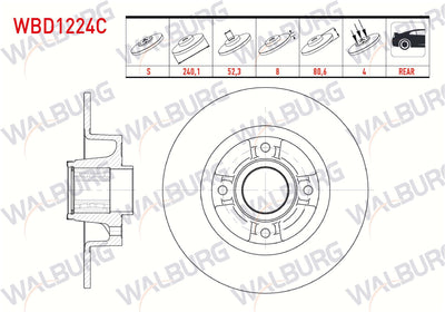 WALBURG WBD1224 Brake Disc Rear Straight 4 Bjn 240X8x54,92X80,7 Megane II 1.5 dCi-1.4i 16V-1.9 dCi Wheel Hub with Bearing Magnetic ABS Okuyuculu 2002-2008 / Clio III 1.5 dCi-1.4i 2005-2012 / Modus 1.4i 1