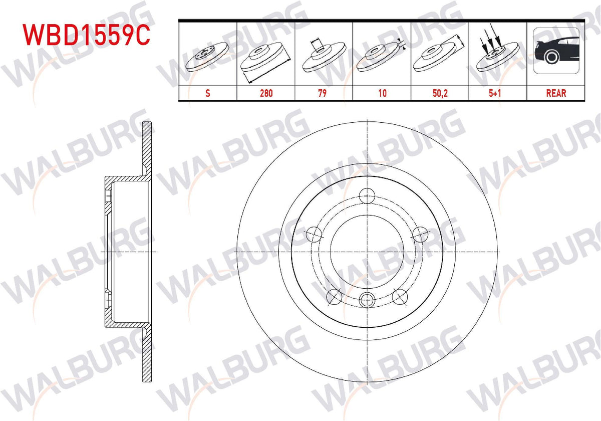 WALBURG WBD1559C Brake Disc Rear Straight Coated 5 Bjn 280X10x79x50 — Brake Rotors & Drums
