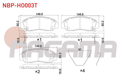 NAGAMA NBP-HO003T Brake Pad Front with Wear Indicator Telli Honda Civic VIII 1.6-1.8 2005-2012 / Civic Ix 1.4i-1.6i-1.8i 2012-2016