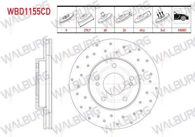 WALBURG WBD1155CD Brake Disc Front Air Coated Performance Drilled 5 Bjn 279,7X26x68x49 — Brake Rotors & Drums