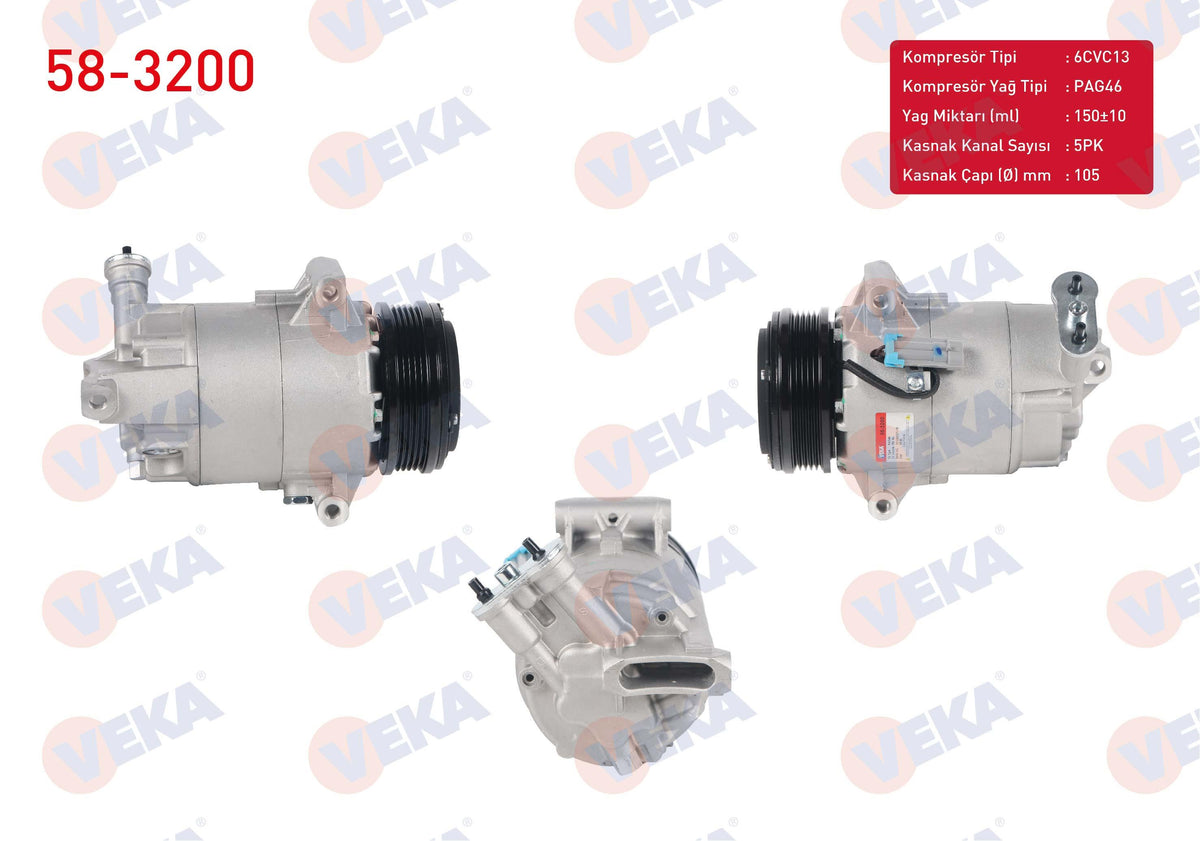 Veka 58-3200 A/C Compressor 5Pk 105mm Opel Astra G 1.6 16V 1998-2005 /Astra H 1.6 T 2004-2010 /Meriva A 1.6 2003-2010 /Zafira