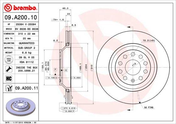 Brembo 09.A200.11 Brake Disc Rear (VW Golf 06-Passat 06-Audi A3 04-Seat Leon 13-Skoda Octavia 18 -) — Brake Rotors & Drums