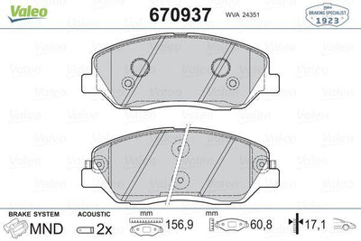 Valeo 670937 Brake Pad Front Santa Fe 06-13 H350 15-> Sorento 09-> Korando 10-> — Brake Pads