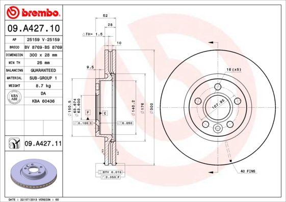 Brembo 09.A427.11 Brake Disc Air Front (300mm) (Ford Mondeo 07 -) (Volvo (S60-S80-V60-V70-Xc70) (07 -) — Brake Rotors & Drums