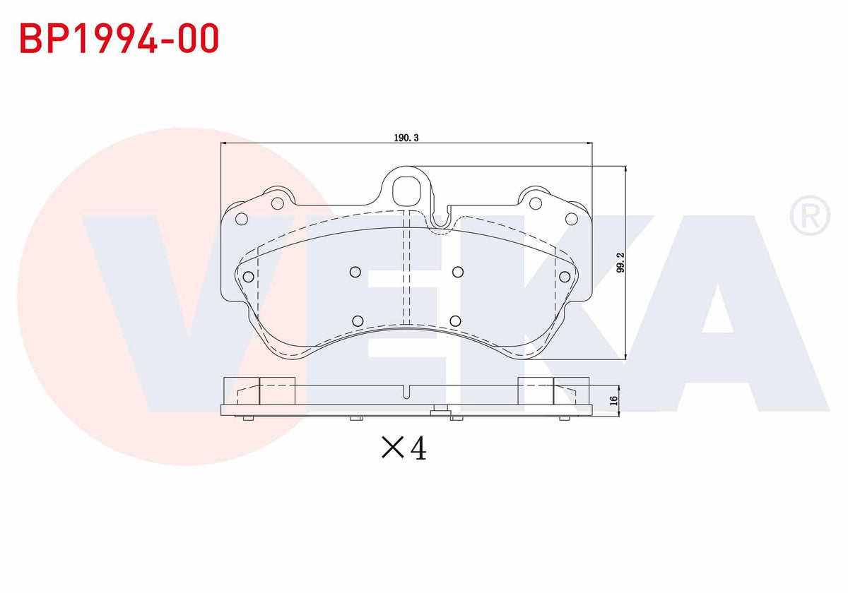 Veka BP1994-00 Brake Pad Front Volkswagen Touareg 3.6 V6 FSI 17 Rim 2002-2010 / Touareg 2.5 Rs TDI 2002-2010 / Touareg 4.2 V8 2002-2010 / Porsche Cayenne 3.2i 17 Rim 2002-2010 / Cayenne 3.6