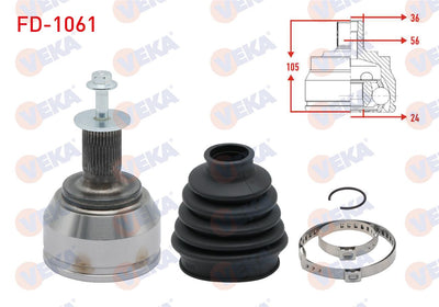 Veka FD-1061 CV Joint Left-Right Front Outer Ford Focus II (Da) 1.6i 36X24x56 Length 105 mm 2004-2 — Axles, CV Joints & Boots