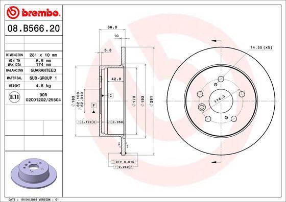 Brembo 08.B566.21 Brake Disc Rear UV Coated Toyota | Set of 2